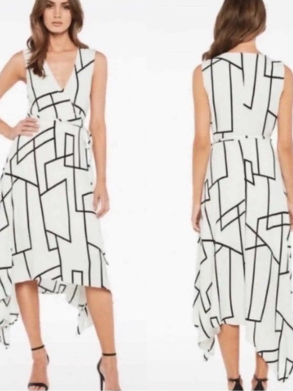 Bardot White & Black Geometric Asymmetric Sleeveless Wrap Dress sz 10